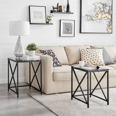 Modern Faux Marble and Black Metal Nesting End Table Set