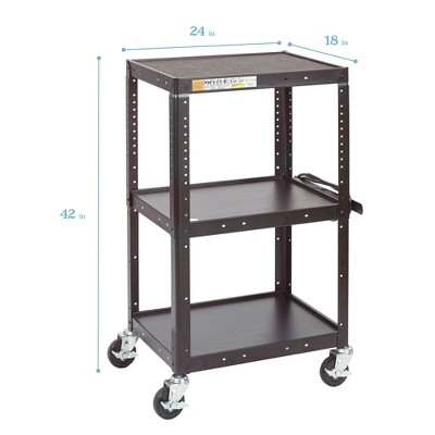 Black Alloy Steel Rolling AV Media Cart with Adjustable Shelves