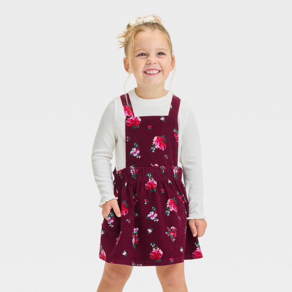 Toddler Girls' Corduroy Mockneck Long Sleeve Floral Skirtall - Cat & Jack™ Burgundy 3T