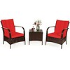 Costway 3 PCS Patio Rattan Furniture Set Coffee Table & 2 Rattan Chair W/Red Cushions - 2 of 4