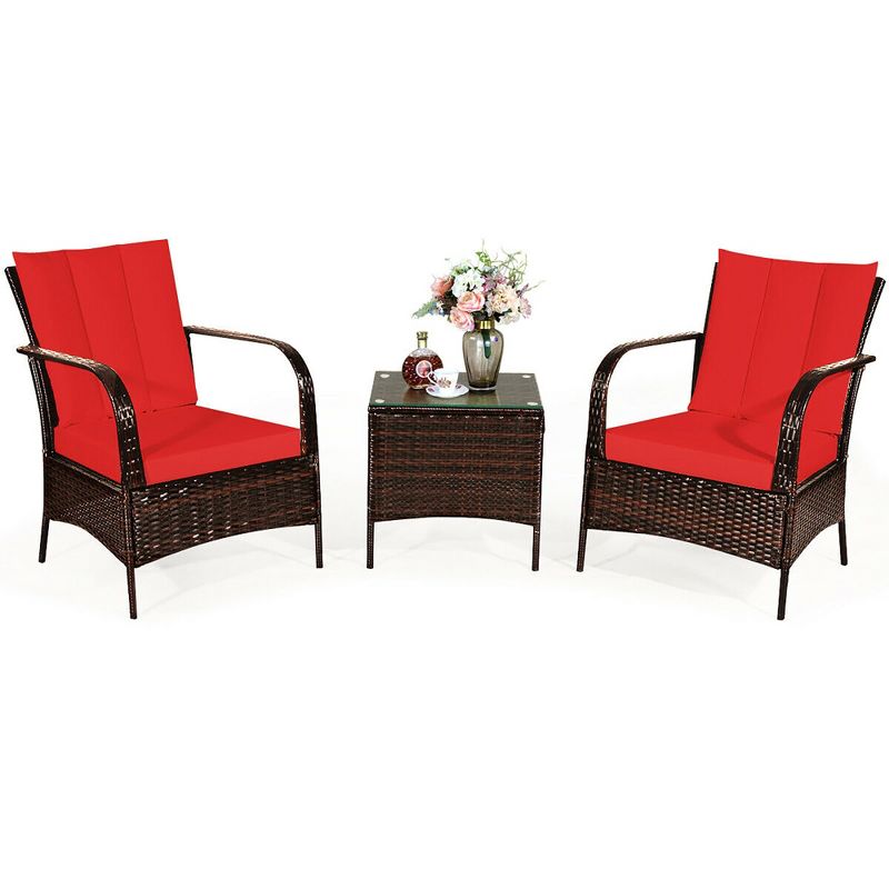 Costway 3 PCS Patio Rattan Furniture Set Coffee Table & 2 Rattan Chair W/Red Cushions, 2 of 11