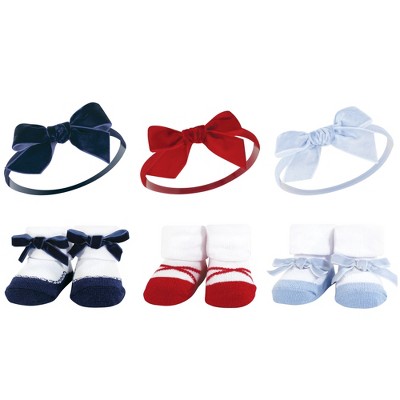 Hudson Baby Infant Girl Headband and Socks Giftset, Dark Red Blue, One Size