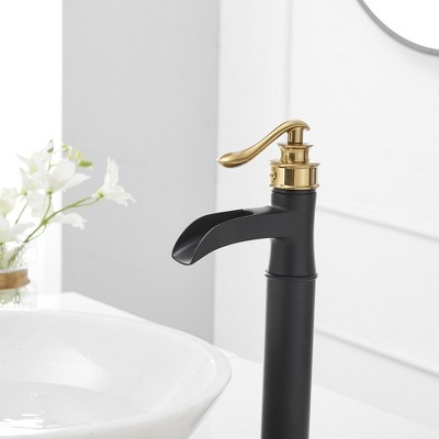 Gold and Matte Black Waterfall Vessel Sink Faucet with Lever Handle