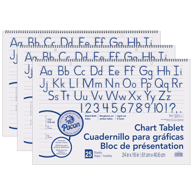 Pacon Chart Tablet, Manuscript Cover, 1-1/2" Ruled, 24" x 16", 25 Sheets, Pack of 3, 1 of 4