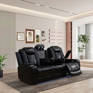MAYEERTY Power Reclining Sofa, Electric 3-Seat Leather Recliner with USB Charging, Reversible Table & LED for Living Room, Black - 1 of 4