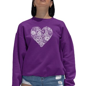 LA Pop Art Women's Word Art Crewneck Sweatshirt - Heart Flowers - 1 of 4
