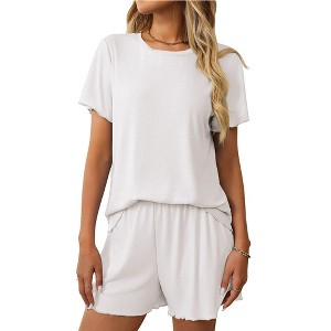 Women's Ribbed Pajama Set Short Sleeve Short Pant Lounge Wear Soft - 1 of 4