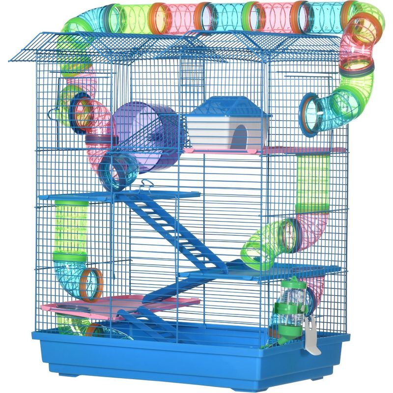PawHut 5 Tiers Hamster Cage Small Animal Rat House Mice Mouse Habitat with Exercise Wheels, Tube, Water Bottles, and Ladder, Blue, 5 of 8