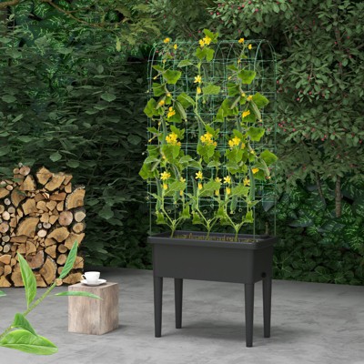 Black and Green Raised Garden Bed with Trellis and Self-Watering Planter