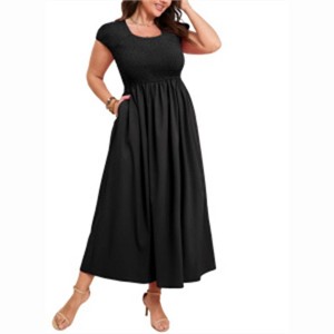 Clearlove Plus Size Summer Dress Boho Short Sleeve Roud Neck Smocked A-Line Wedding Guest Dresses for Curvy Women - 1 of 4