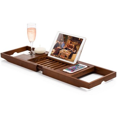 Bambusi Bathtub Caddy with Extendable Sides, Wine Glass Holder, Book Stand and Phone Tray, Brown