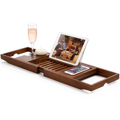 Bambusi Bathtub Caddy with Extendable Sides Wine Glass Holder Book Stand and Phone Tray Brown