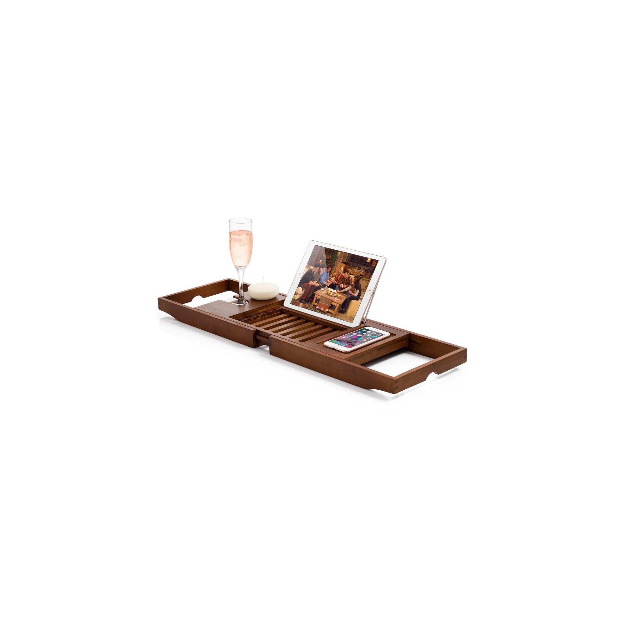 Bamboo Bathtub Tray - Brown Foldable Expandable Bath Caddy with Book, Tablet and Wine Glass Holder, Unique Gift Idea