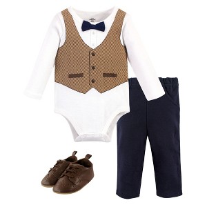 Little Treasure Baby Boy Cotton Bodysuit, Pant and Shoe 3pc Set, Herringbone Vest - 1 of 1