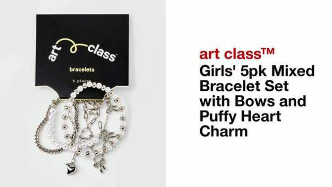 Girls&#39; 5pk Mixed Bracelet Set with Bows and Puffy Heart Charm - art class&#8482; Silver, 2 of 5, play video