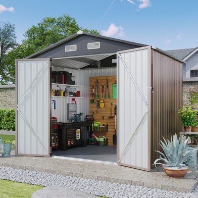 Aoxun 7 x 5FT Shed with Floor Garden Metal Shed with Lockable Door Outdoor Large Shed for Tool, Garbage Can, Bike, Mower, Brown