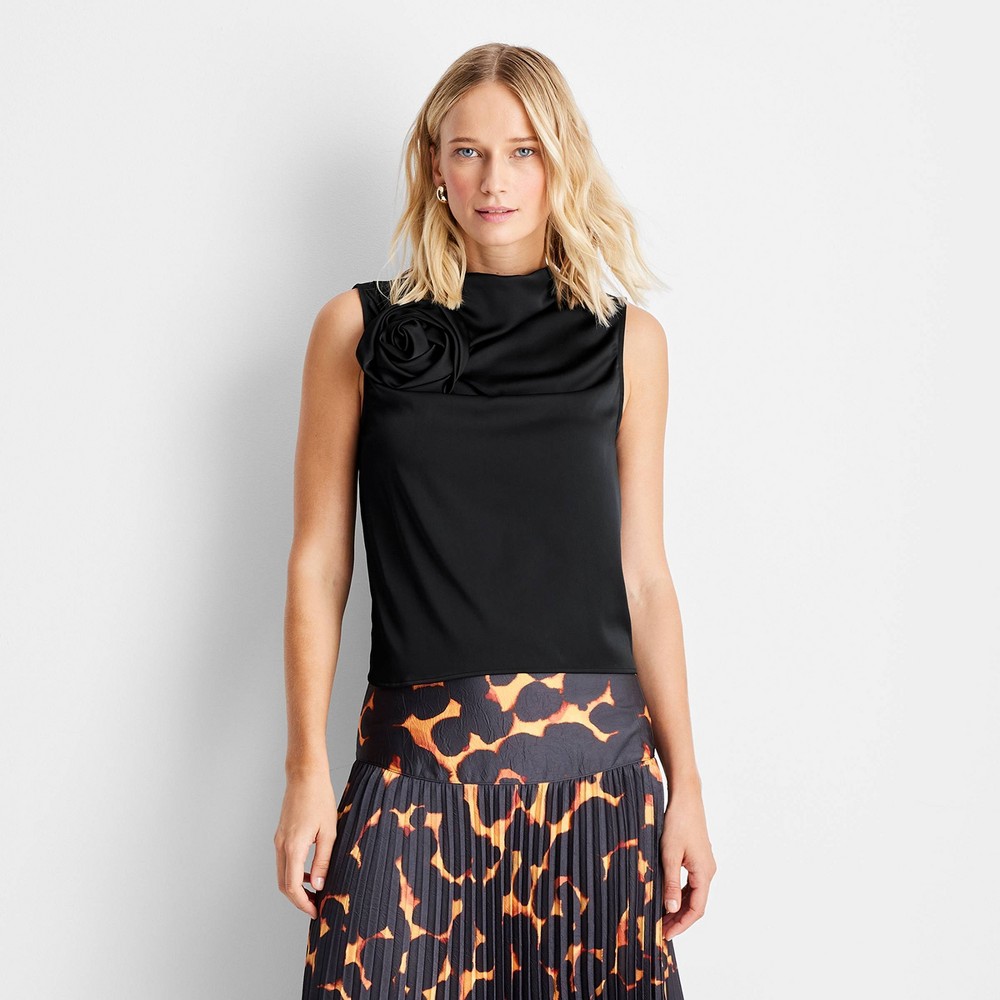 Women's Sleeveless Draped Rosette Top - Future Collective Black L