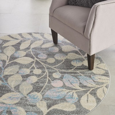 Handmade Round Grey and Beige Floral Synthetic Rug