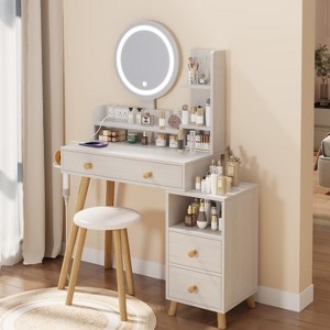 Okak Vanity Table with Full Body Mirror Cabinet and Round Mirror Dressing Table with Charging Station & Cushioned Stool for Apartment - 1 of 4