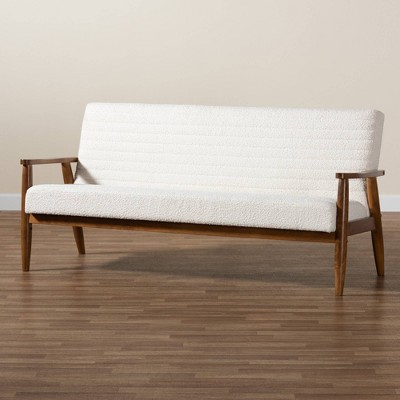 Mid-Century Modern Brown Tufted Fabric Sofa with Wood Frame