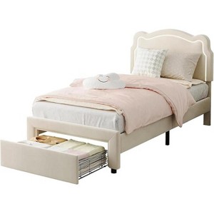 Twin Size Luxury Velvet Princess Platform Bed Frame - Smart Headboard, Built-in Storage Drawer, Wooden Slats Support,Cozy Bed for Bedroom - 1 of 4