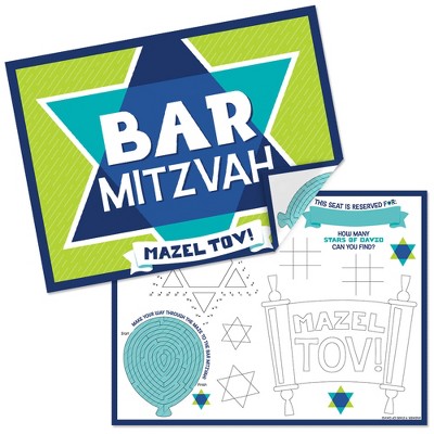 Big Dot of Happiness Blue Bar Mitzvah - Paper Boy Party Coloring Sheets - Activity Placemats - Set of 16