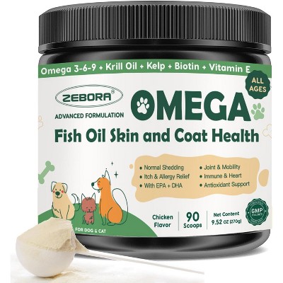 ZEBORA Dog Omega-3 with fish oil, krill & kelp. EPA & DHA support skin, coat, joints & allergies. Reduces itch & shedding - 90 scoops