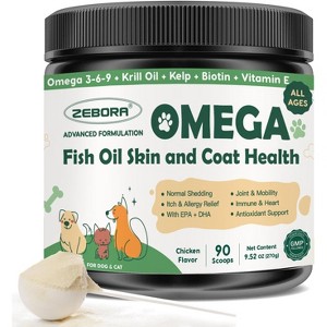 ZEBORA Dog Omega-3 with fish oil, krill & kelp. EPA & DHA support skin, coat, joints & allergies. Reduces itch & shedding - 90 scoops - 1 of 4