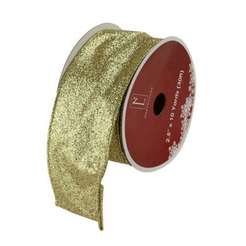 Northlight Shimmering Metallic Gold Ribbed Wired Craft Ribbon 2.5" x 10 Yards, 1 of 4