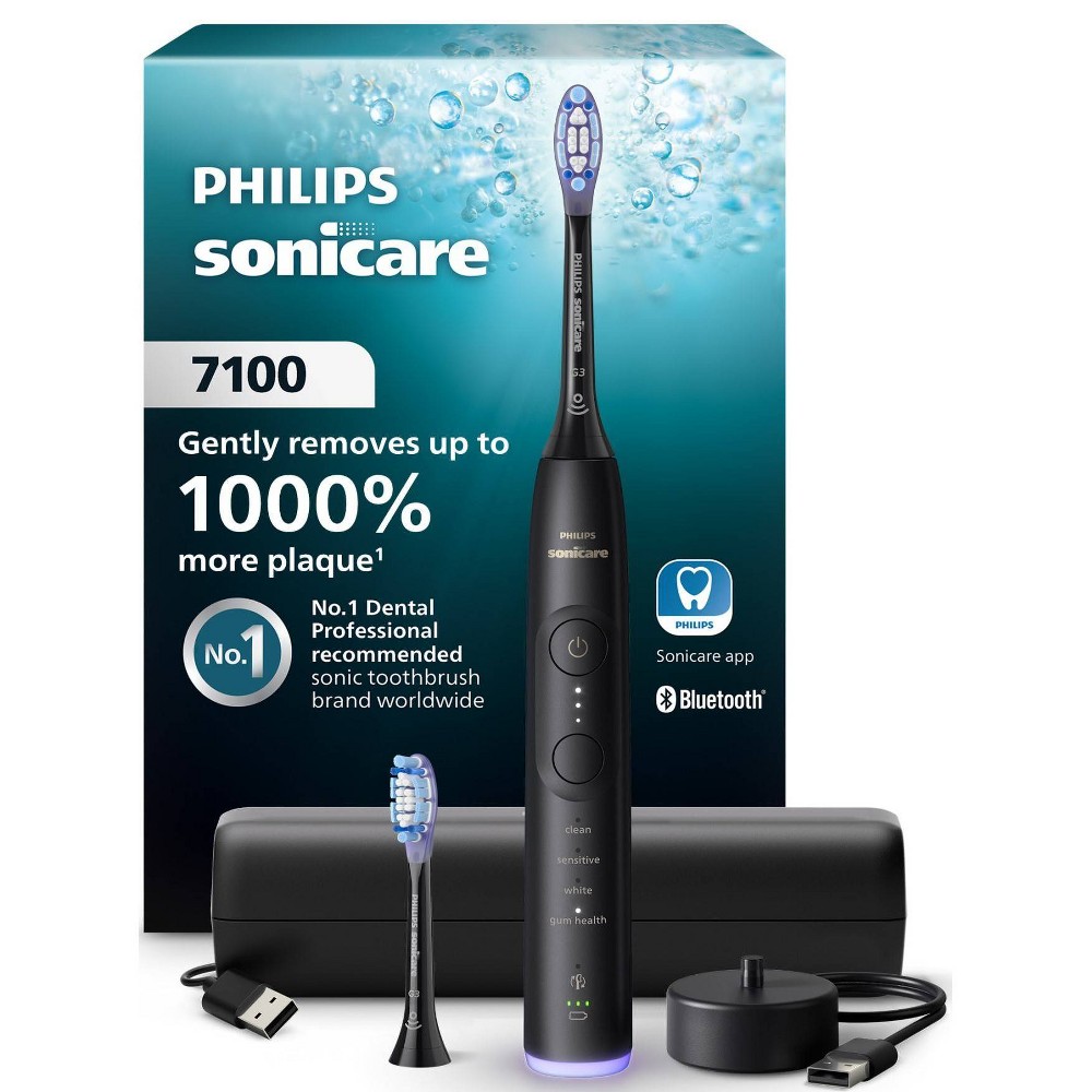 Philips Sonicare 7100 Rechargeable Electric Toothbrush with 2 Brush Heads - Black: Includes Charger Base, Travel Case, Medium Nylon Bristles
