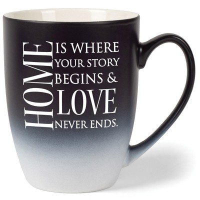 Elanze Designs Home Is Where Your Story Begins & Love Never Ends Two Toned Ombre Matte Black and White 12 ounce Ceramic Stoneware Coffee Cup Mug