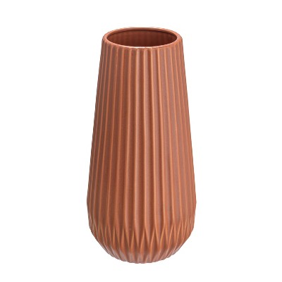 Storied Home Round Stoneware Fluted Vase with Embossed Lines