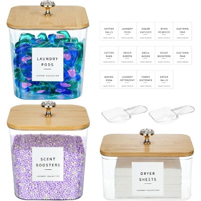 3-Pack Acrylic Laundry Room Organization Storage Containers: Laundry Pod Containers and Dryer Sheet Holder with Lids and Labels
