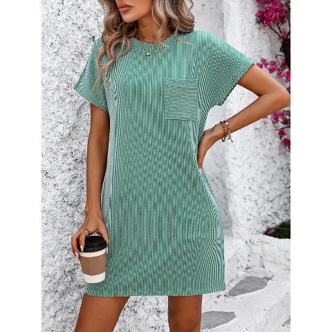Женские платья EadianDree Women's Summer Dress Crewneck Short Sleeve Casual Striped Loose Shift Ribbed Mini T-Shirt Dress with Pocket