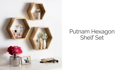 Gold Hexagon Floating Wood Wall Shelf Set