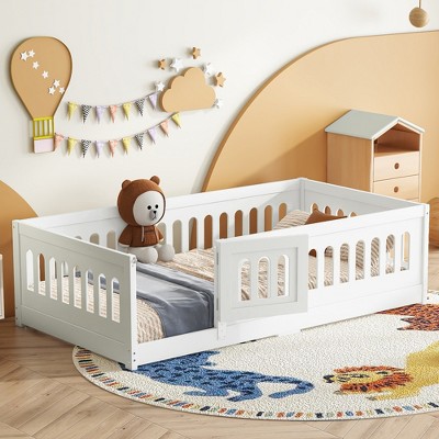 DOMETOUR Twin Floor Bed, Solid Wood Frame with Safety Guardrails & Door, for Kids/Teens Bedroom or Playroom, No Slats, White