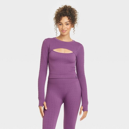 Women's Textured Seamless Long Sleeve Top - JoyLab™ Berry Purple XS