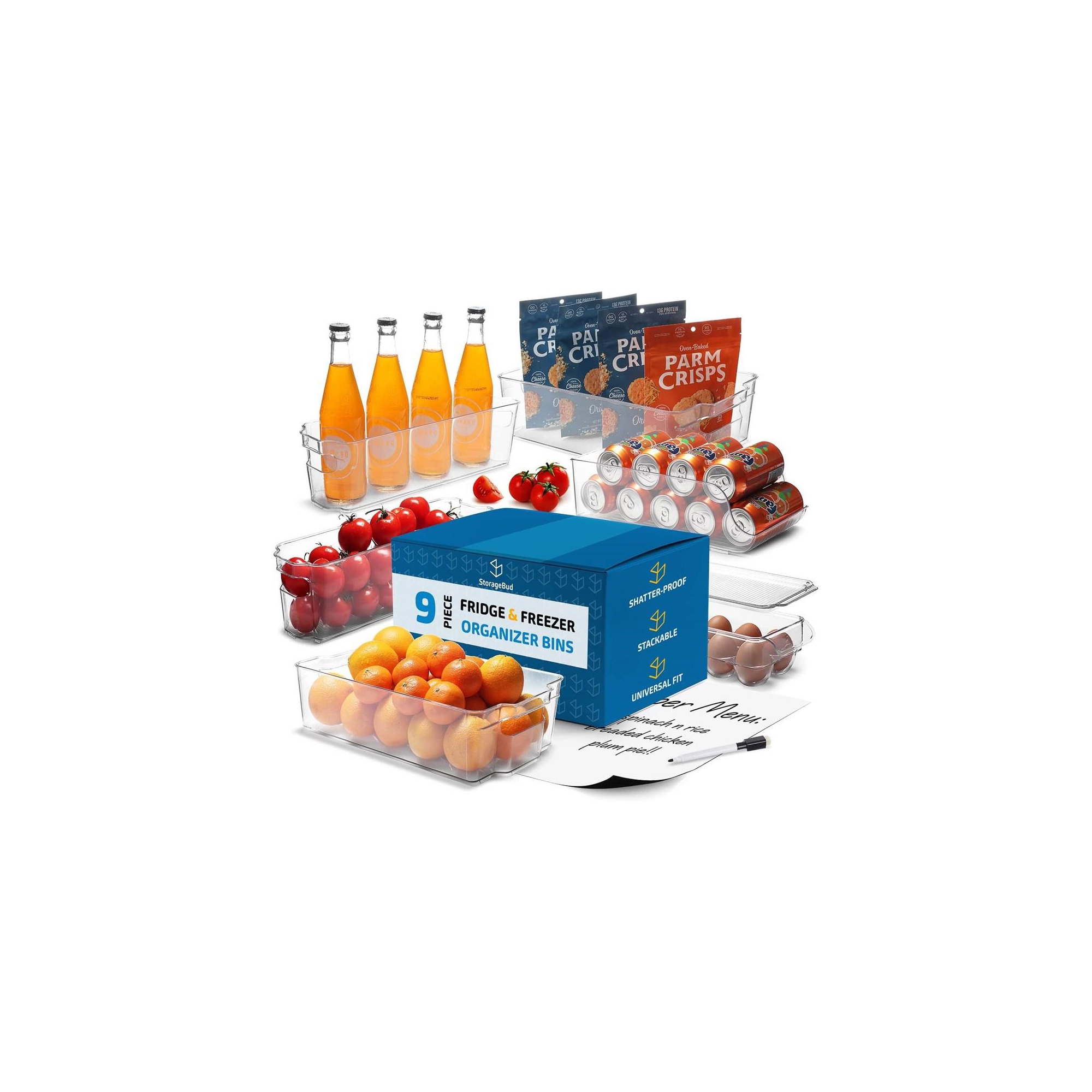 StorageBud Clear Fridge Organizer Bins, 9 Piece Fridge & Freezer Bin Set