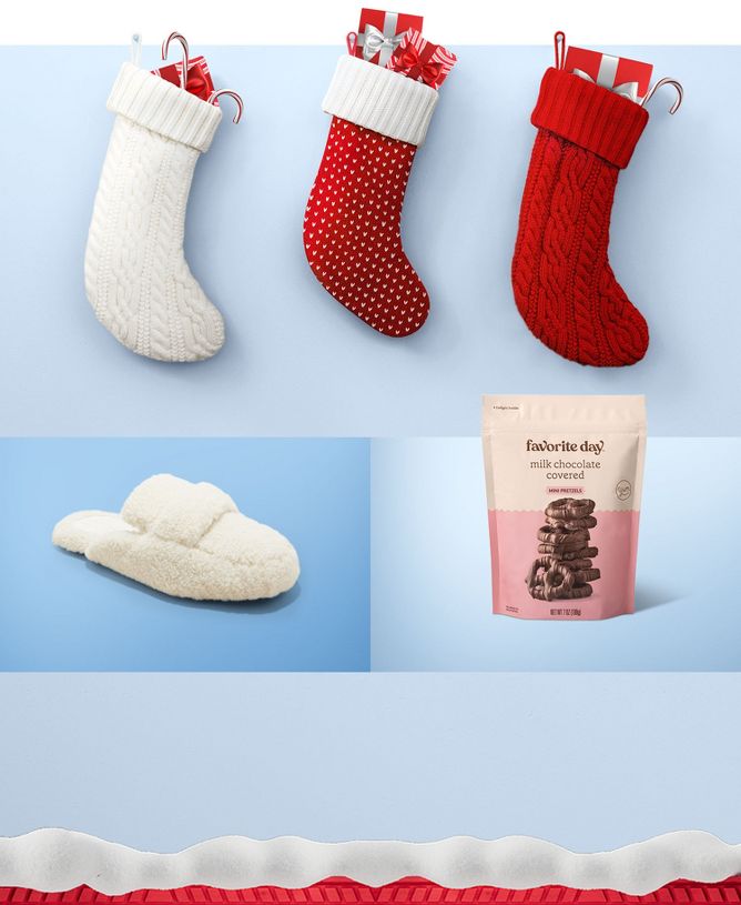 Three stockings as the main image, white, red and white and solid red. All with holiday boxes and candy canes. Featuring a white fuzzy slipper and a pack of Favorite day chocolate covered pretzels.