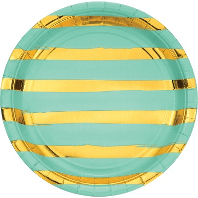 24ct Fresh Mint Green and Gold Foil Striped Paper Plates Green