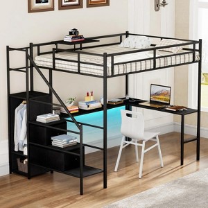 Zevemomo Full Size Loft Bed with L-Shaped Desk, Metal Loft Bed Frame,Wardrobe and Storage Stairs, Space Saving, Black - 1 of 4