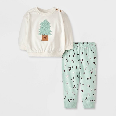 Image of Baby Holiday Christmas Tree Fleece Sweatshirt & Fleece Jogger Pants Set - Cat & Jack™ Cream 18M