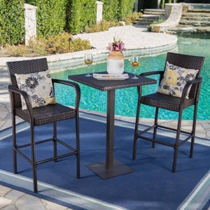 Lala 3pc Square Wicker Patio Bar Set - Brown - Christopher Knight Home: Rattan Iron Frame, Weather-Resistant - 1 of 4