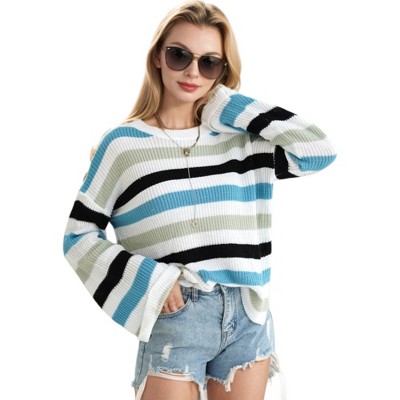 Anna-Kaci Women's Striped Bell Sleeve Light Sweater for Casual Looks