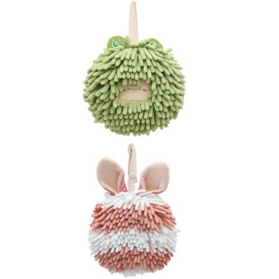 REGALWOVEN Rabbit Shape Quick Drying Soft Absorbent Decorative Chenille Fuzzy Ball Hand Towels with Hanging Loops 7" x 7" 2 Pcs