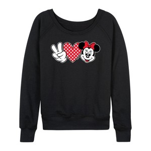 Women's - Disney - Peace Love Minnie Mouse Lightweight French Terry Wide Neck Long Sleeve Shirt - 1 of 4