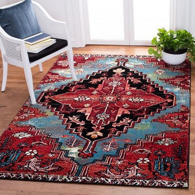 Vintage Hamadan Blue and Red Synthetic Area Rug
