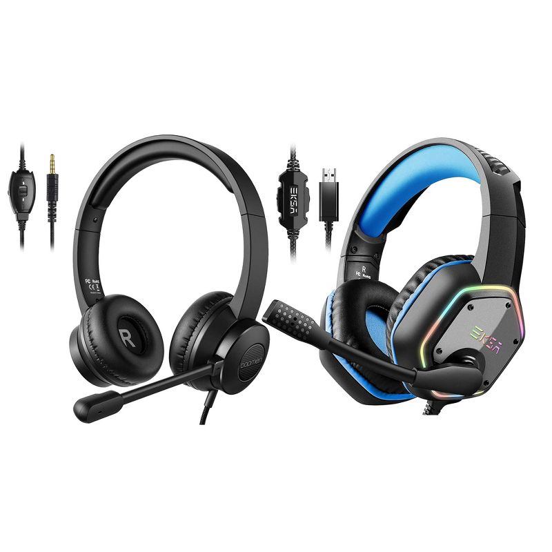 EKSA RGB Plug In USB Gaming Headset for PC, PS4, and PS5 with Microphone, Blue, and S100 Computer PC Headset with Adjustable Microphone, Black, 1 of 7