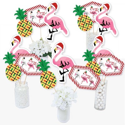 Big Dot of Happiness Flamingle Bells - Tropical Christmas Party Centerpiece Sticks - Table Toppers - Set of 15