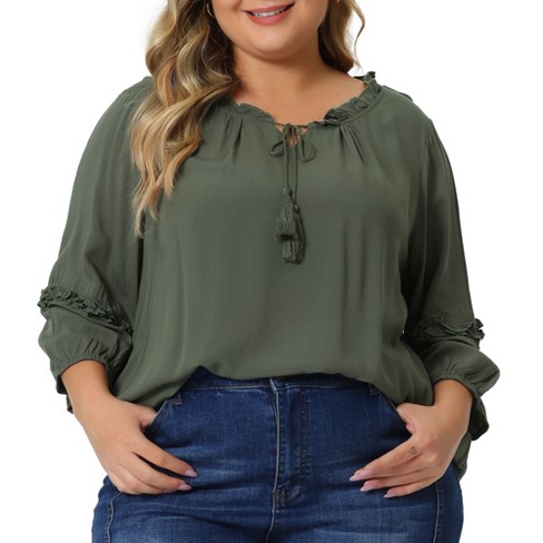 Agnes Orinda Women's Plus Size Tie Neck Tassel Self Flutter 3/4 Sleeve  Blouses Army Green 1x : Target